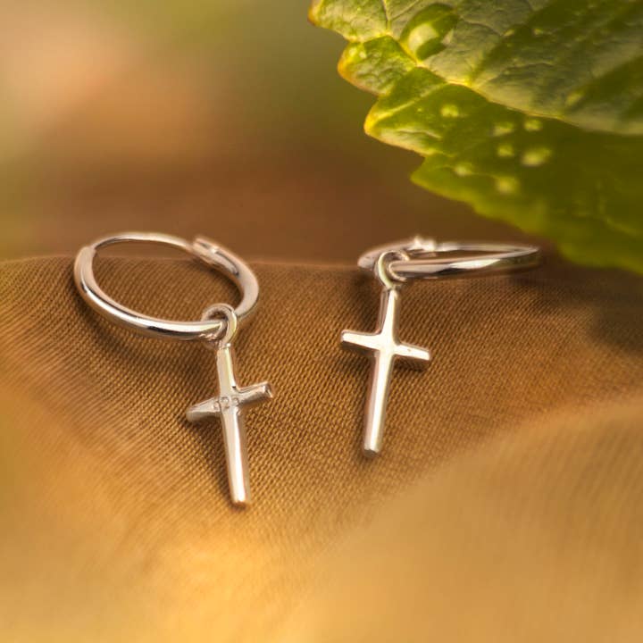 Hoop Earrings with Plain Cross Charm in Sterling Silver for wholesale by The Jewellery Store London
