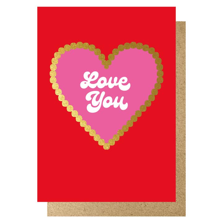Love you red gold hot foil heart card for wholesale by Lucky Ink