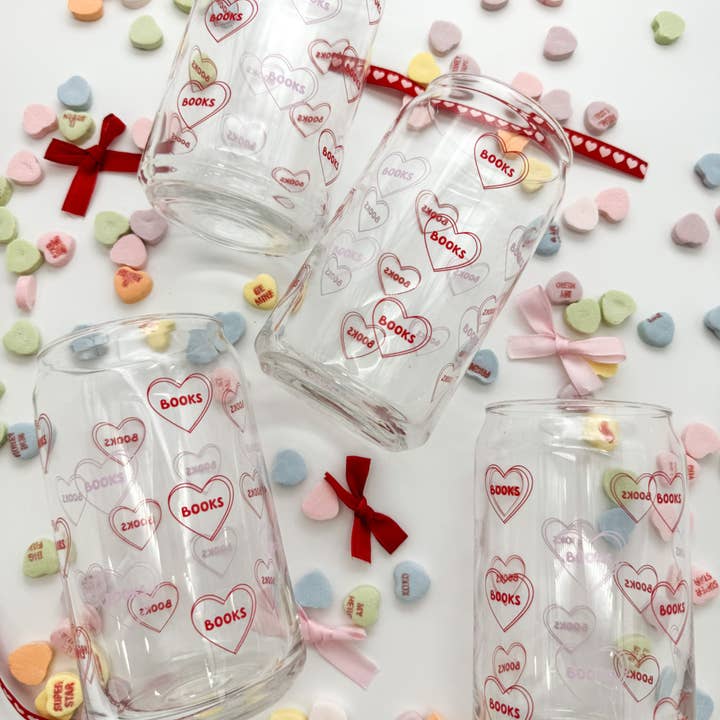 16 oz Books Candy Heart Glass Cup for wholesale by Emily Paige Company