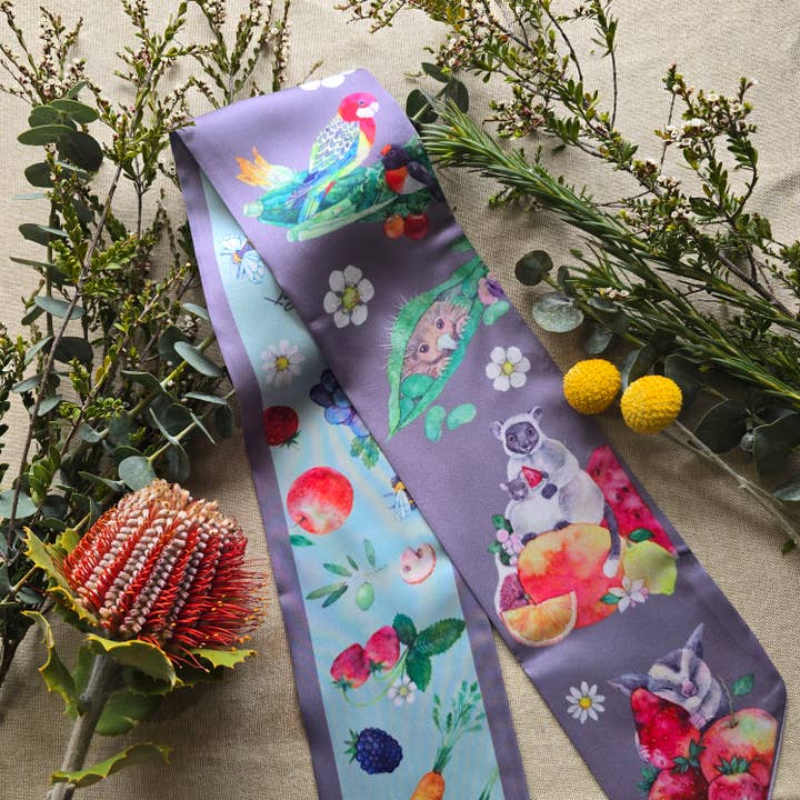 Australisk djur akvarell lila och salvia smal scarf för wholesale av Watercolour By Cat