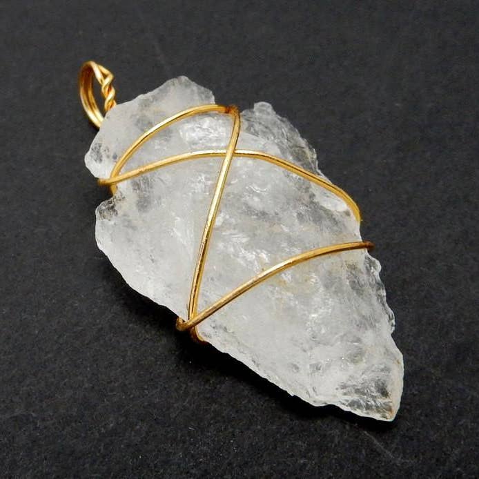 Rock Paradise - Wholesale Individual Charm/Pendant - Crystal Quartz Arrowhead Pendant Wire Wrapped Gold Tone Arro