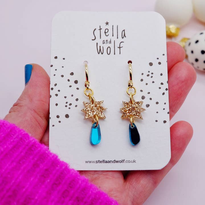 Gold and teal Glitter star drop earrings for wholesale by Stella and Wolf