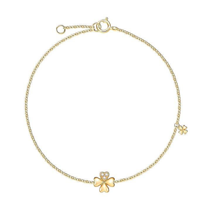 Bracelet à breloques FANCIME « Lucky Clover » à motif floral en or jaune 18 carats pour la vente par Fanci Me Jewelry