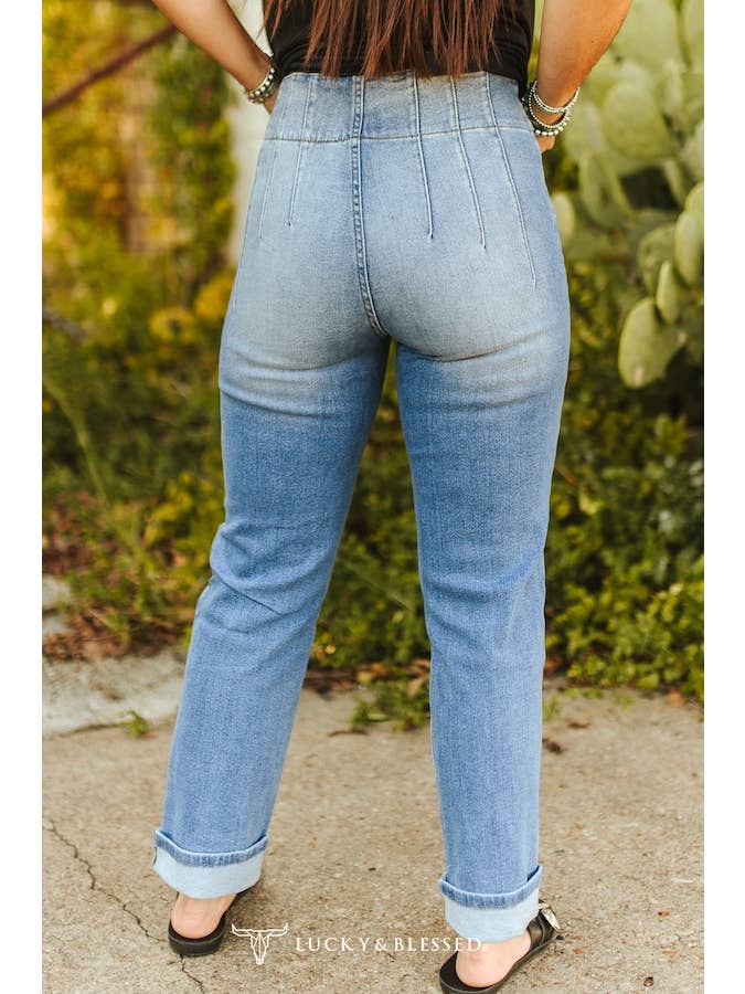 LUCKY & BLESSED - Wholesale Jeans – Women’s - Mid Wash High Rise Pocket Cuffed Boyfriend Jeans1