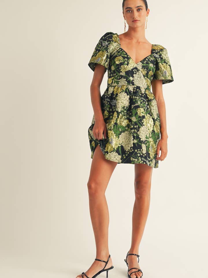 Blomsterbrokade kortærmet minikjole for engroshandel hos JUST ME