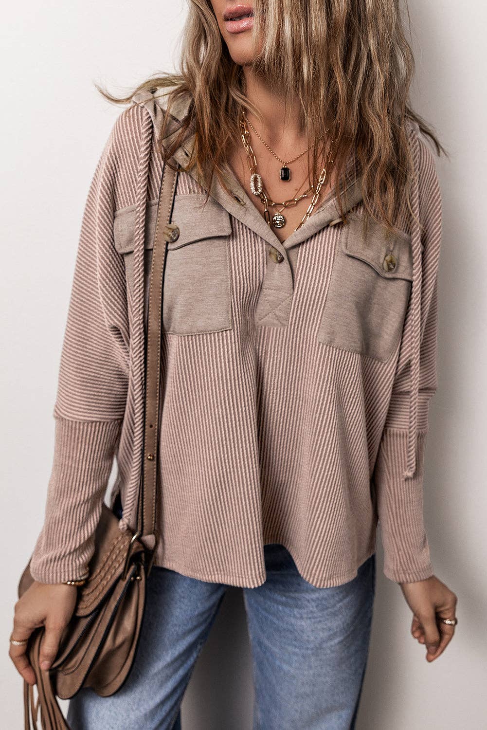 Dark Brown Flap Pocket Patchwork Corded Drawstring Hoodie for wholesale on Faire2