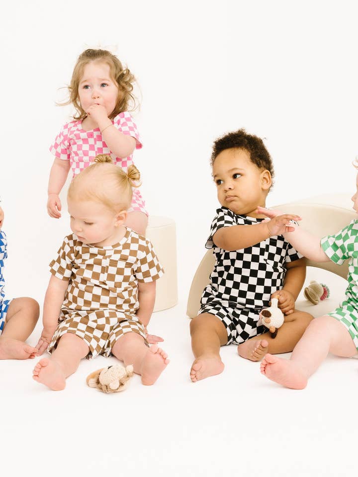 Little One Shop - Wholesale Top & Short Set - Kids - Brown Checkered Pocket Set