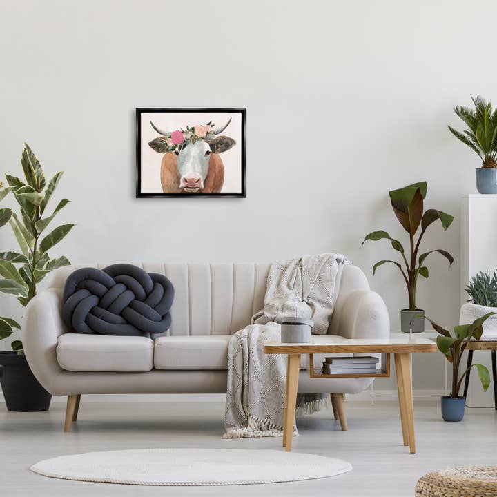 Stupell Industries – wholesale Konsttryck – Springtime blomma krona gård ko med horn flytande inramade