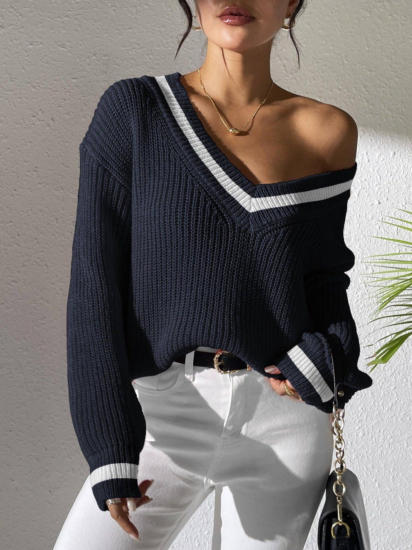 Suhkasana - Wholesale Knit Sweater - Women's - Preppy Colorblock V-Neck Loose Knit Sweater9