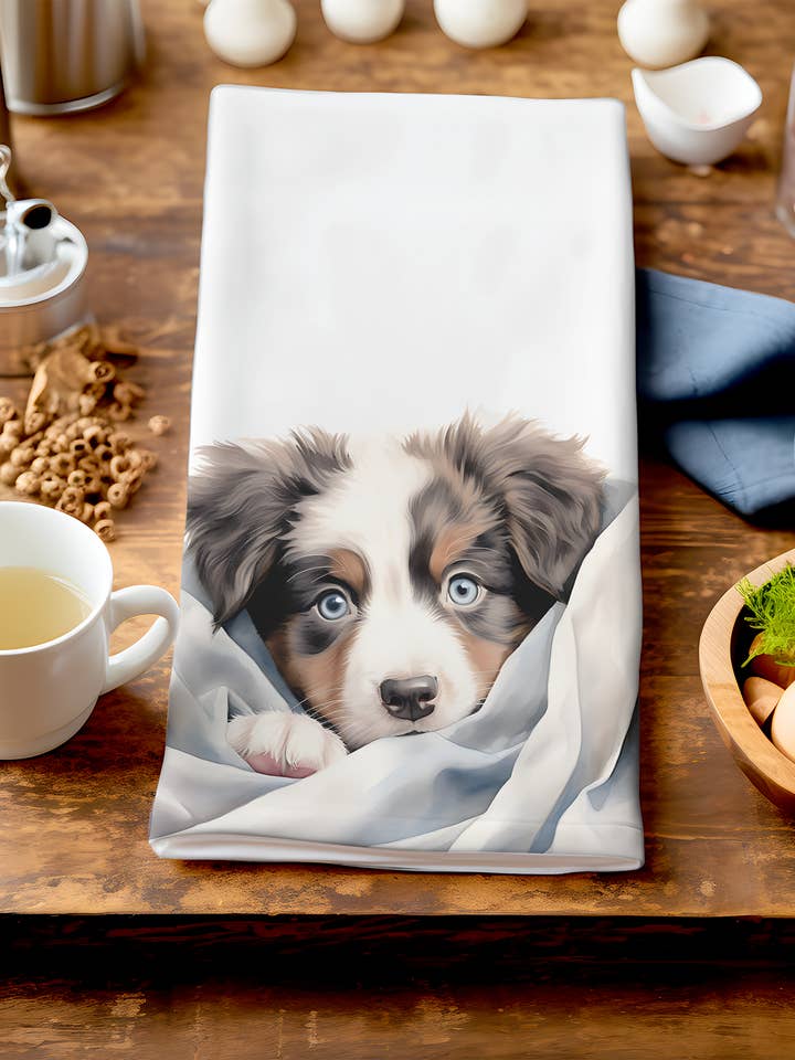 Bella - Süßer Welpe in Decke - Einzigartiges Hundegeschirrtuch für den Großhandel von Homemade Hollydays Wholesale