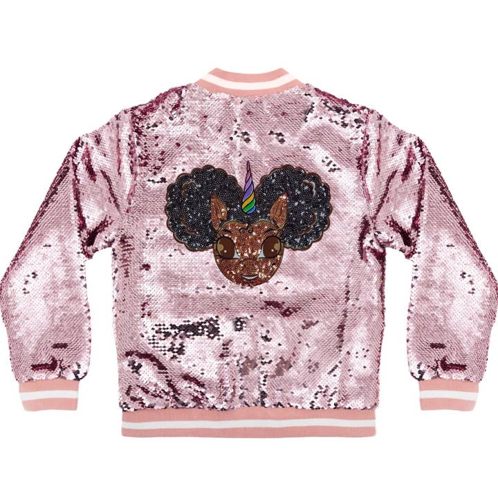 Nueva llegada: Chaqueta de lentejuelas con parche de unicornio afro con logo tachonado - Rosa brillante para venta al por mayor de YOUnicorn Kidz