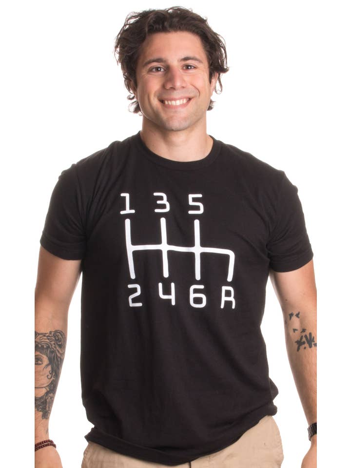 Black 6 Speed Manual Shift Pattern Racing T-shirt Men's/Unisex for wholesale on Faire