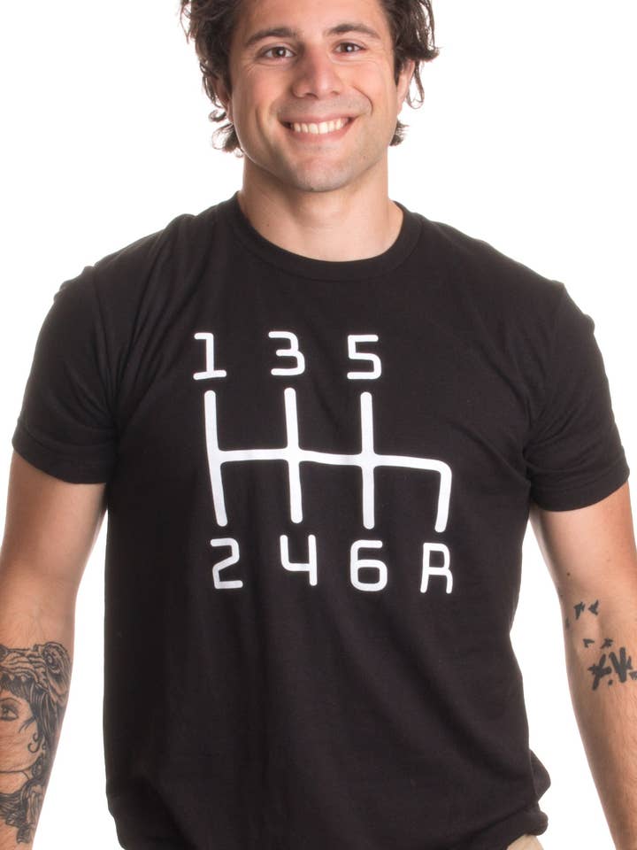 6-versnellingen handgeschakeld schakelschema race T-shirt heren/unisex voor wholesale door Ann Arbor Tees