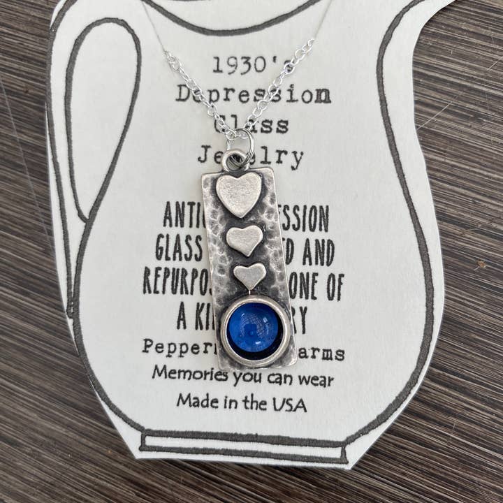 Depression glass Cobalt blue triple heart pendant necklace for wholesale by Peppermint Charms