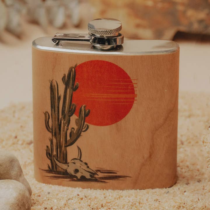 Wood Flask 6oz Desert Cow Skull for wholesale by Spitfire Girl