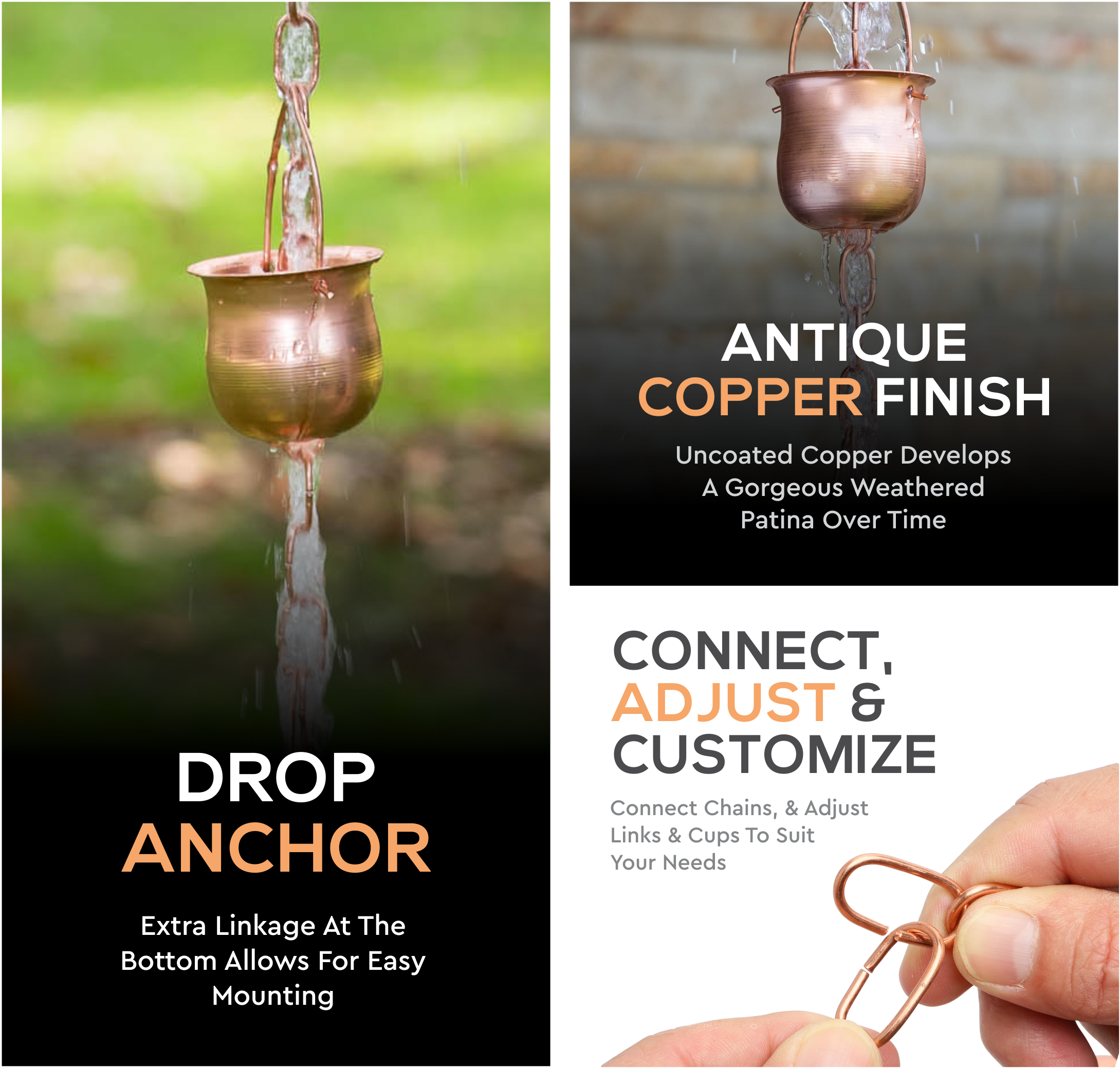 Marrgon - Vente Bibelots/décorations d'extérieur - Chaîne de pluie en cuivre marrgon avec gobelets en forme de pot pour gouttière6