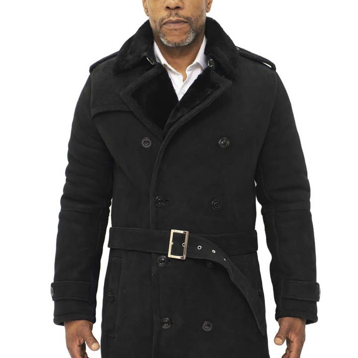 Mens Shearling Sheepskin Suede Pea Coat-Cali for wholesale by Infinity Leather (Upperclass Fashions Ltd)
