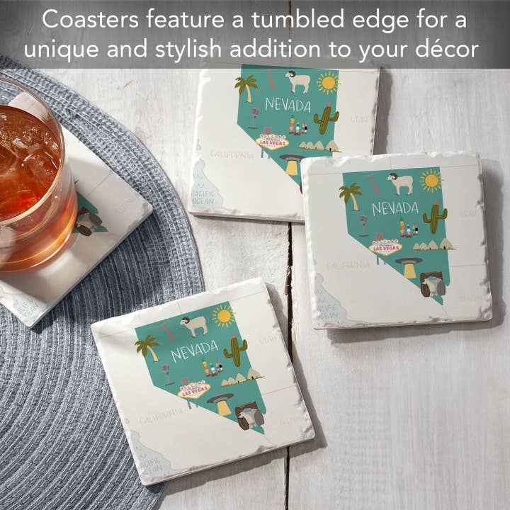 Conimar Promotions - Wholesale Coasters - "Nevada State Icons" 4 Pack Tumbled Tile Coaster Set 6