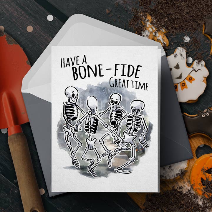 "Bone-fide Good Time" Funny Horror, Spooky Skeleton Card for wholesale by Aaron Millard Illustration