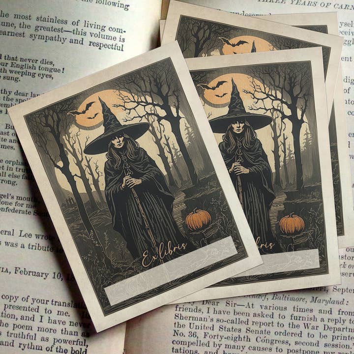 Mystische Kürbishexe, Exlibris Exlibris aus gummiertem Papier für den Großhandel von Ebon et Noir LLC