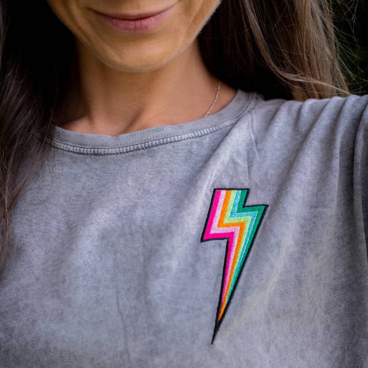Acid Wash Grey T Shirt with Embroidered Bolt for wholesale on Faire