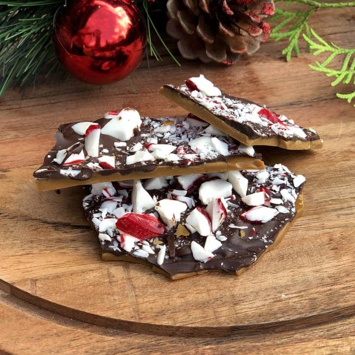 Peppermint Dark Chocolate Toffee for wholesale by Jensen Toffee Company