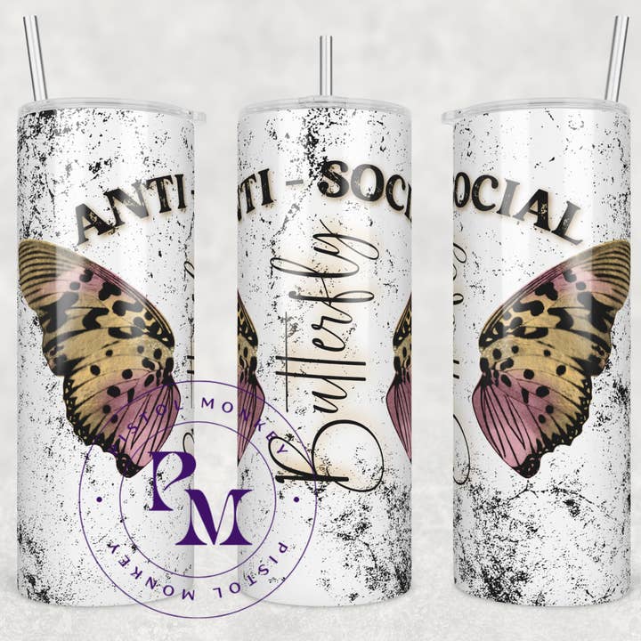 Pistol Monkey - Wholesale Insulated Mug/Tumbler - AntiSocial Butterfly Frosted Tumbler
