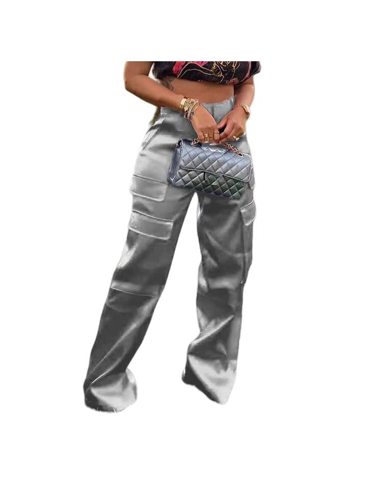 MB Fashion Wholesale - Wholesale Pants - Women's - MB FASHION High-Waisted Satin Cargo Pants Wide-Leg 7088LY26