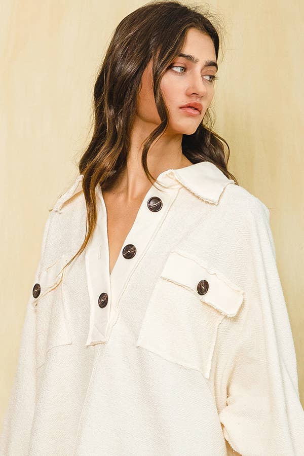 Rose Mini-robe ample à col en tricot à texture unie D4202 en vente sur Faire12