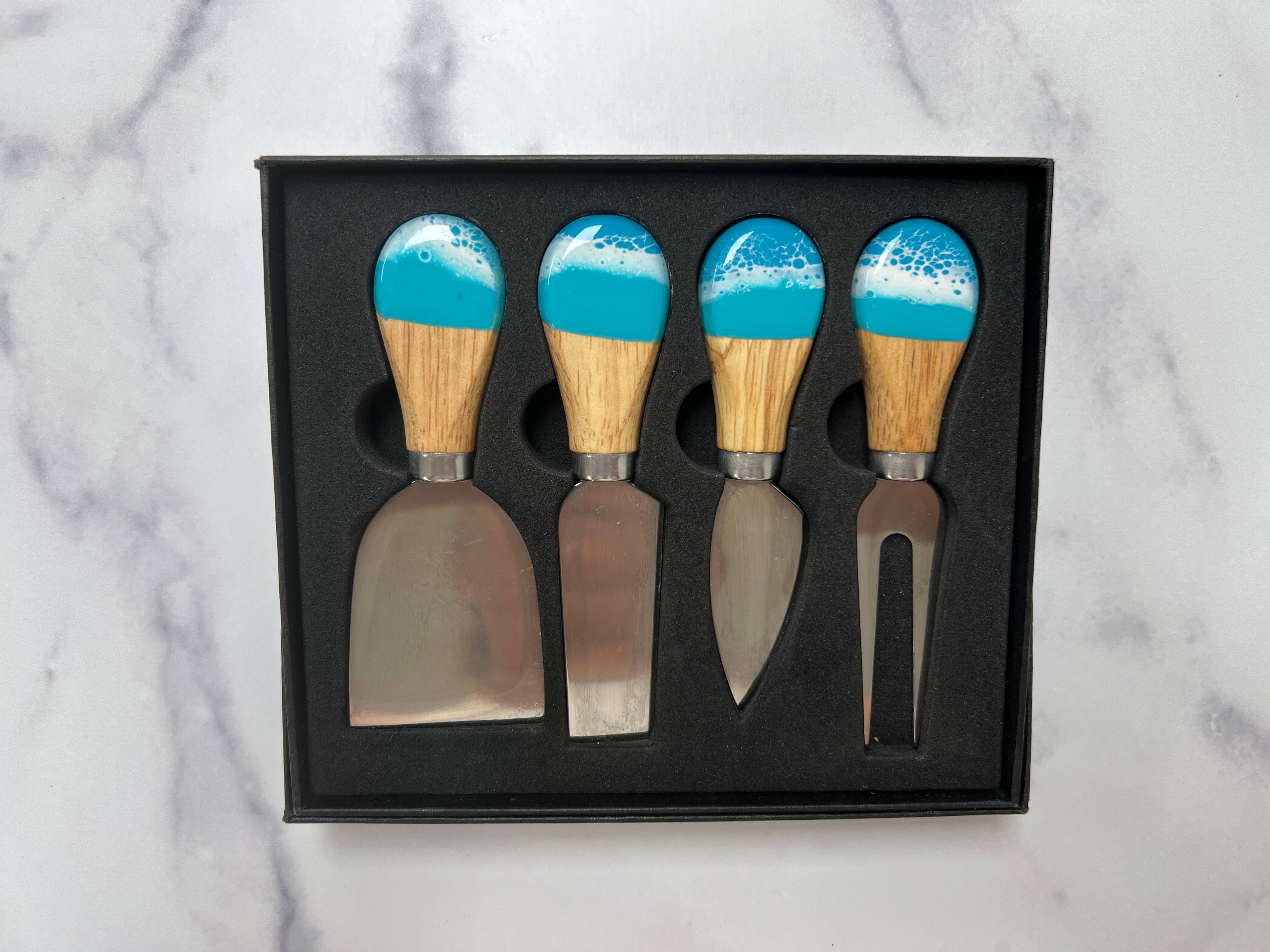 Nikita Fine Art LLC - Wholesale Kitchen Utensil Set - Cheese Utensil Set of 4 with black box organic resin poured6
