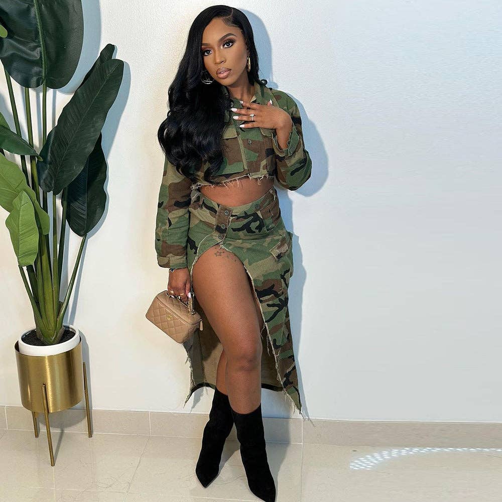 MB FASHION High-Waisted Camo Cargo Skirt with Slit 8805LY for wholesale on Faire6