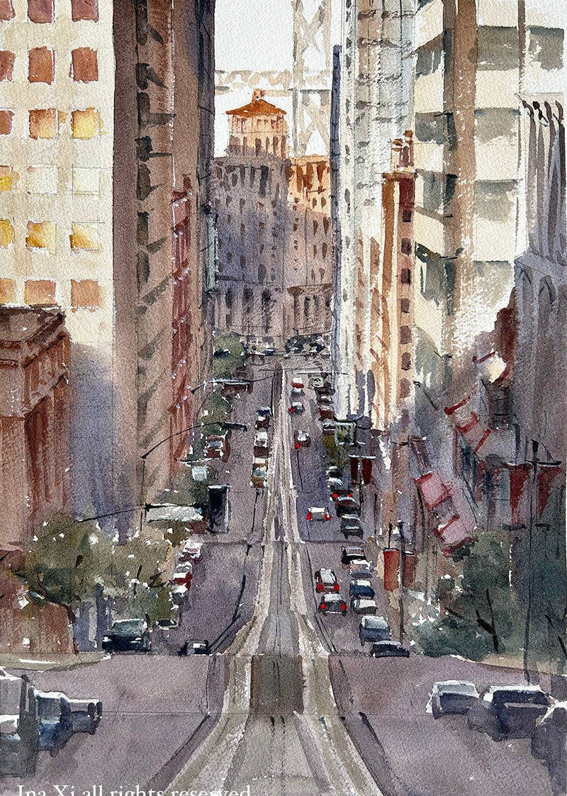 Ina Xi Watercolor - Wholesale Art Print - Nob Hill overlooking Market Street - Limited edition art print0