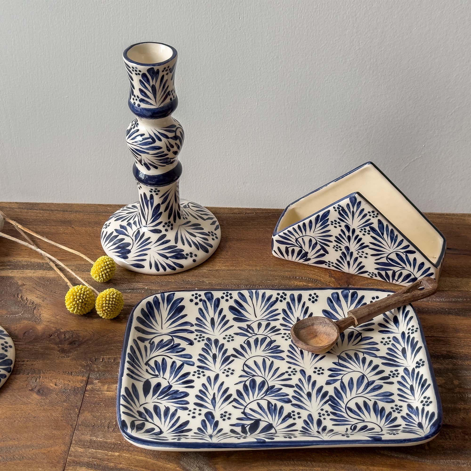 Global Crafts - Wholesale Napkin Holder - Mexican Pottery Napkin Holder Blue Plumeado1