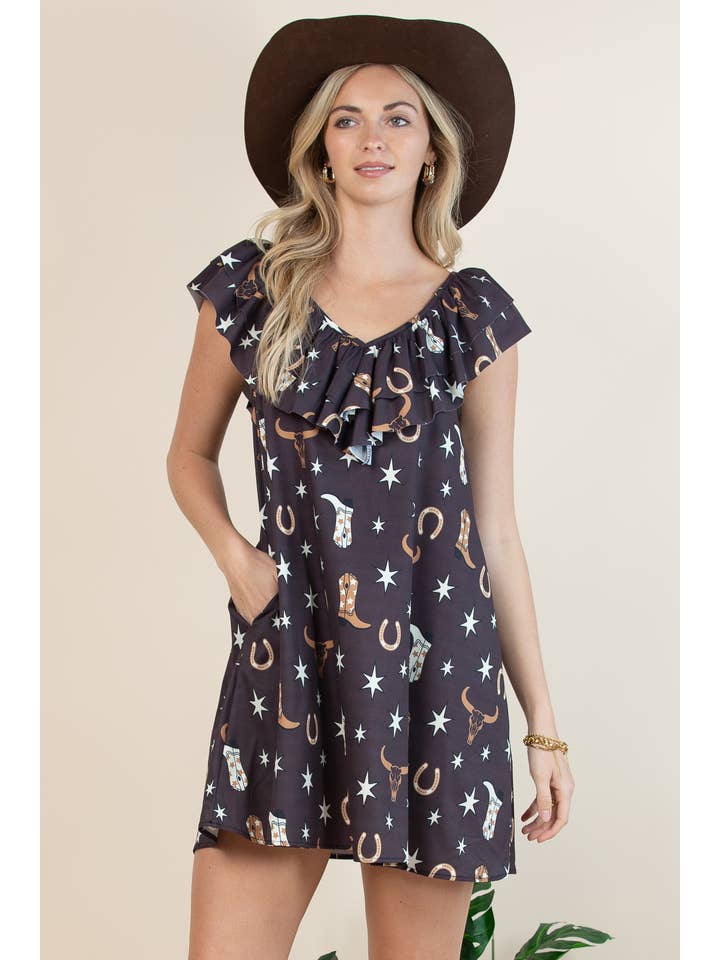 Brown D1465-6175-Western Lucky Cow Head Print Sundress for wholesale on Faire