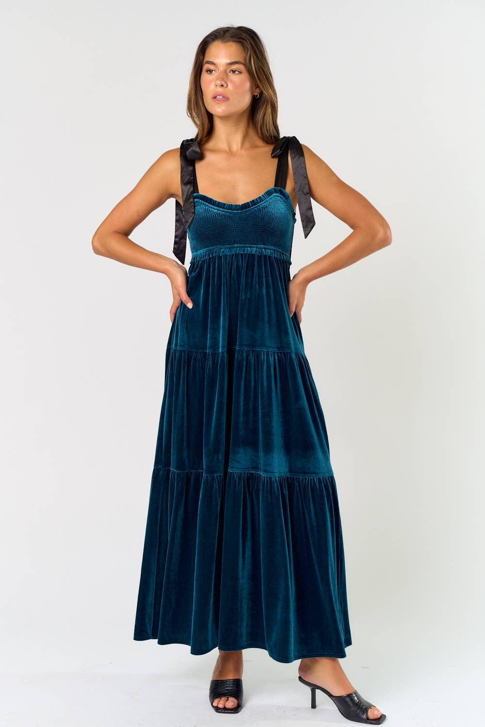 Lalavon - Wholesale Dress - Women's - ILD5094 VELVET SATIN BOW SHOULDER TIE MAXI DRESS 7