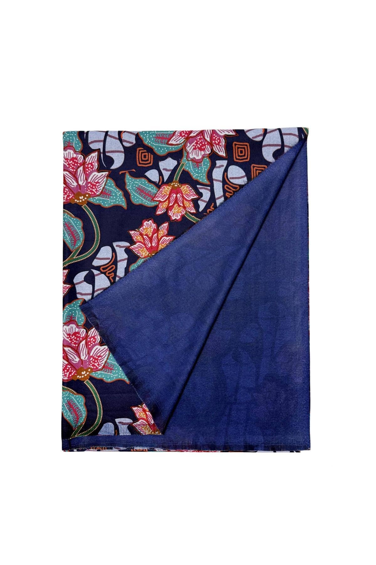 Navy Blue Ethnic Floral Print Wool Frayed Scarf for wholesale on Faire3