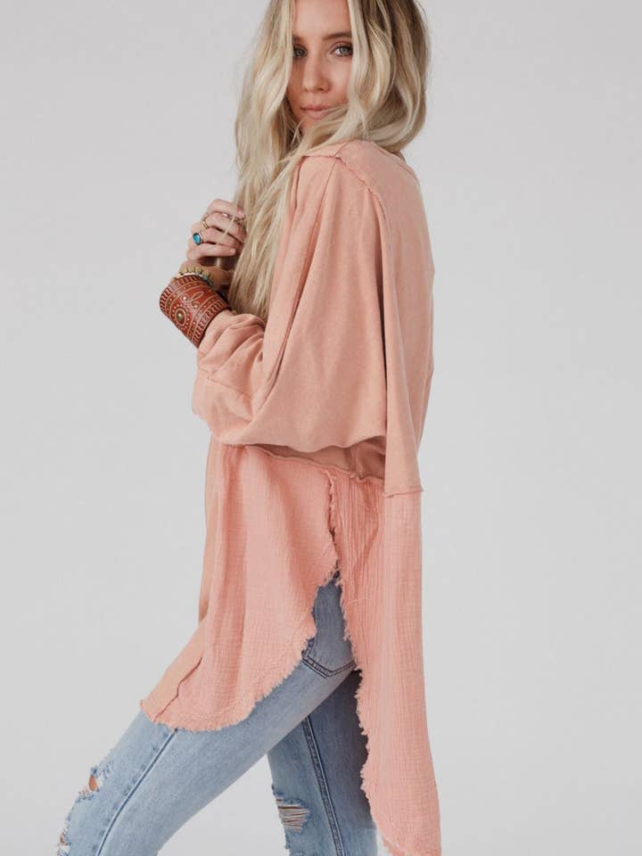 Suhkasana - Wholesale Tunic - Women's - Crinkle Splicing Raw Hem High Low Oversized Blouse