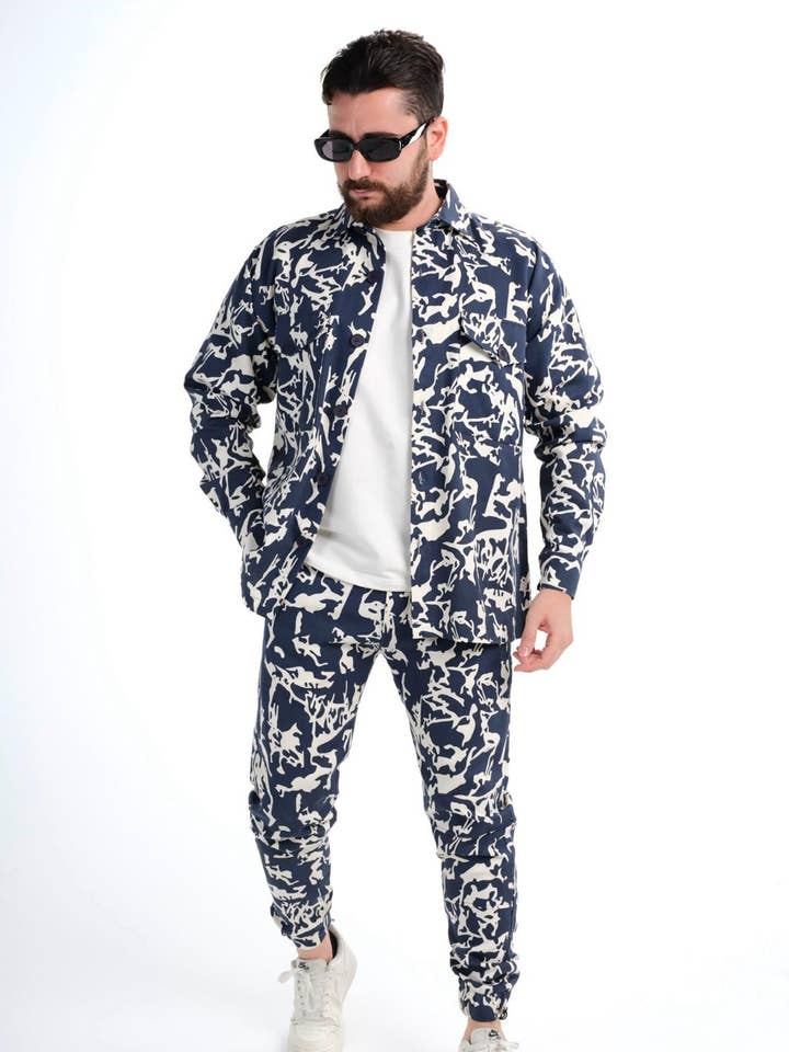 Relaxed Fit Blue White Shirt Pants Set 7011 for wholesale by Monocloth