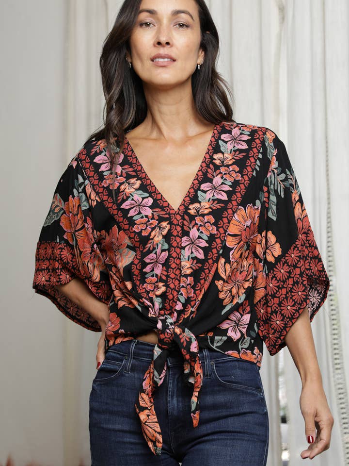 N2Q81-A921 V NECK TIE WAIST KIMONO SLEEVE PRINTED BLOUSE for wholesale by Nostalgia