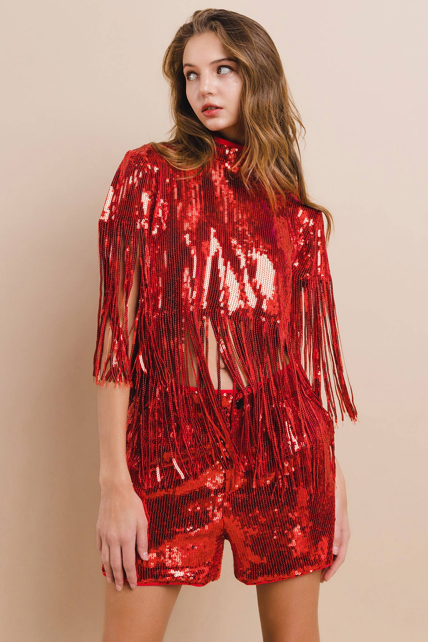 Nylon Apparel - Wholesale Blouse - Women's - 81300T-Fringe-Western Fringed Sequin Mock Neck Poncho Top5