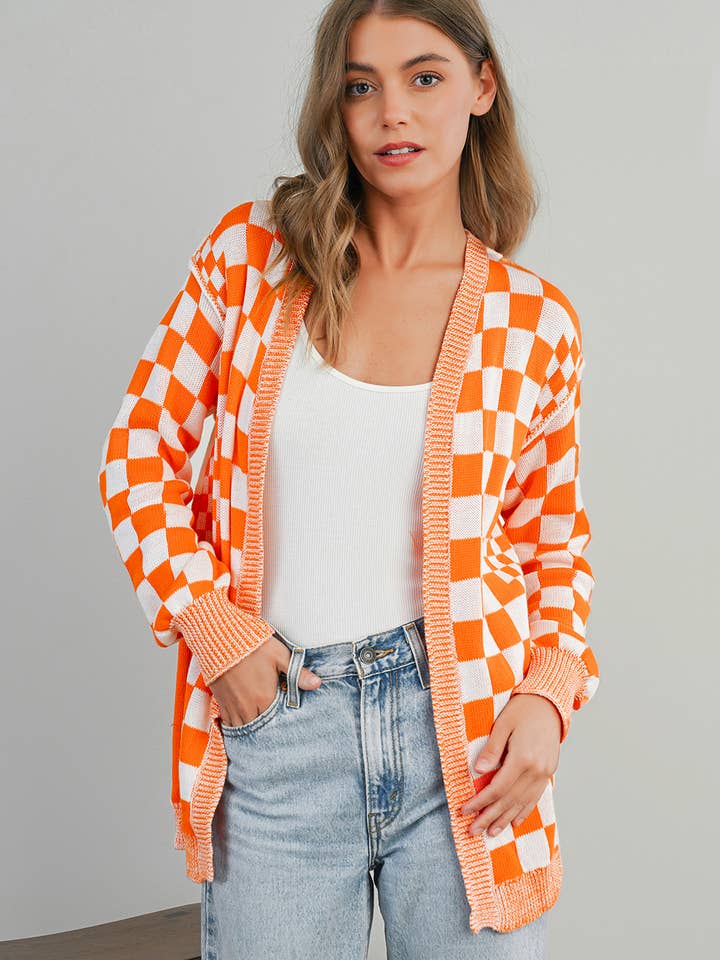 Cardigan à motif à carreaux ouvert sur le devant avec épaules tombantes | S-4X pour la vente par Aapparella