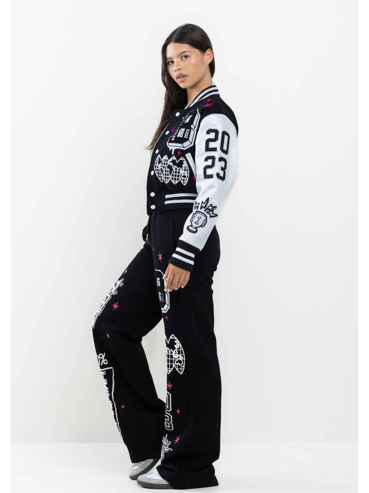 BLACK BRIGHT FUTURE CROPPED VARSITY JACKET for wholesale on Faire5