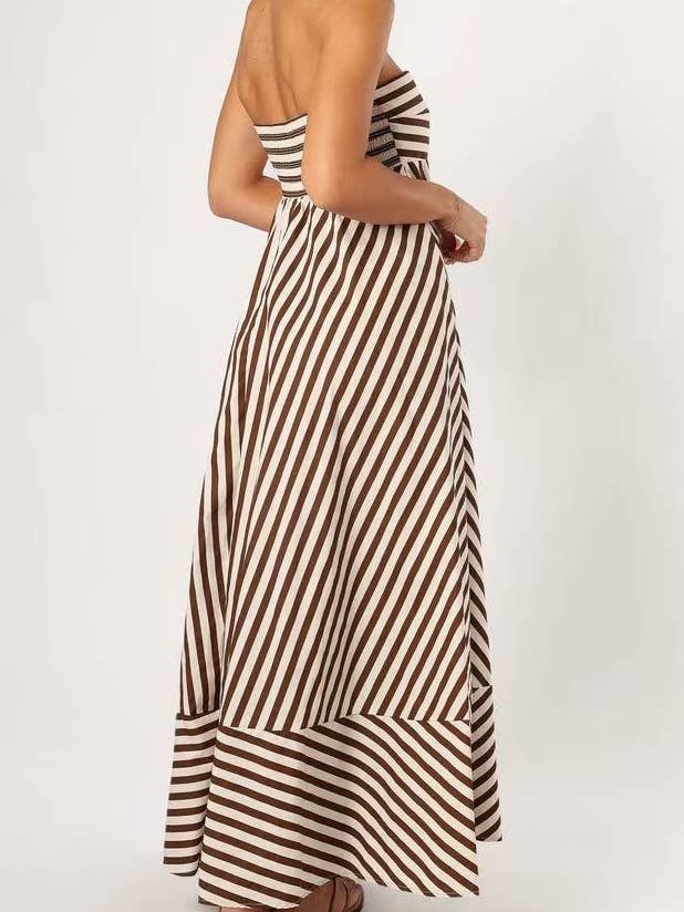 Classic Stripe Fit & Flare Bandeau Strapless Maxi Dress for wholesale on Faire