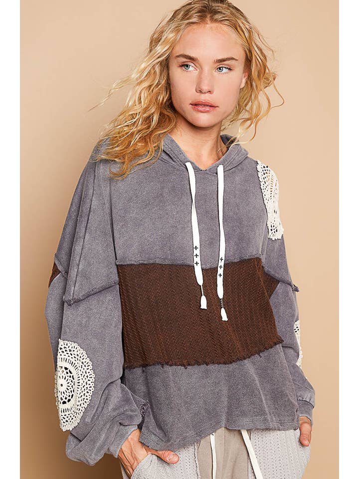 Pol Clothing - Wholesale Hoodie - Women's - Oversize round neck crochet patch frenchterry top SALE
