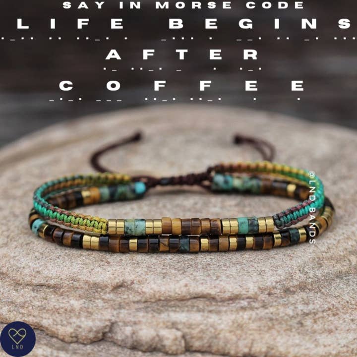 Code Morse LA VIE COMMENCE après le CAFÉ Bracelet message secret ajustable en Oeil de Tigre Turquoise Africaine, message inspirant, drôle pour la vente par LND Bands