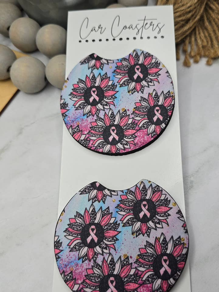 Breast Cancer Flower Car Coasters for wholesale by Woody Bee Creations