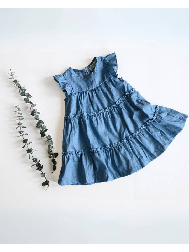 Bailey's Blossoms - Wholesale Dress - Kids - Georgie Tiered Flutter Sleeve Dress - Light Denim