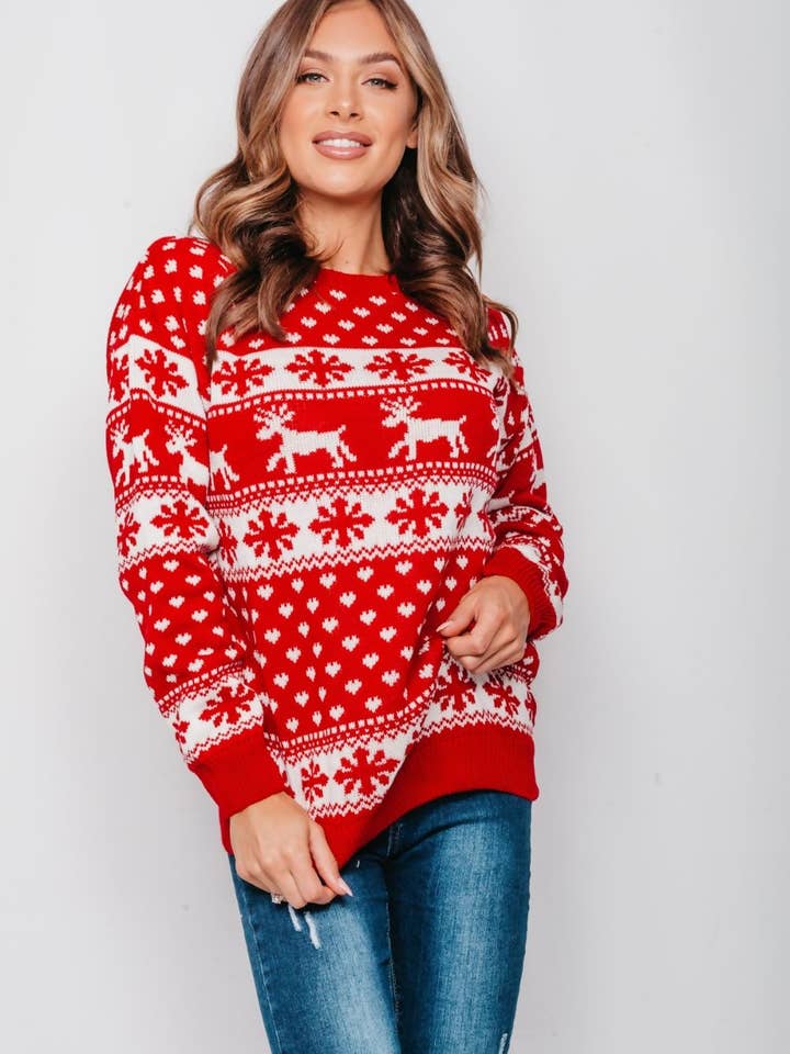 J5FASHION – wholesale Pullovertröja - Dam – PLUS STORLEK RENAR OCH SNÖFLINGA JULTRÖJA