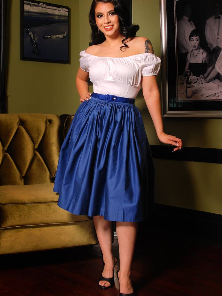 Bella Vintage Gathered Swing Skirt with Pockets in Solid Royal Blue Sateen | Pinup Couture for wholesale by Pinup Couture