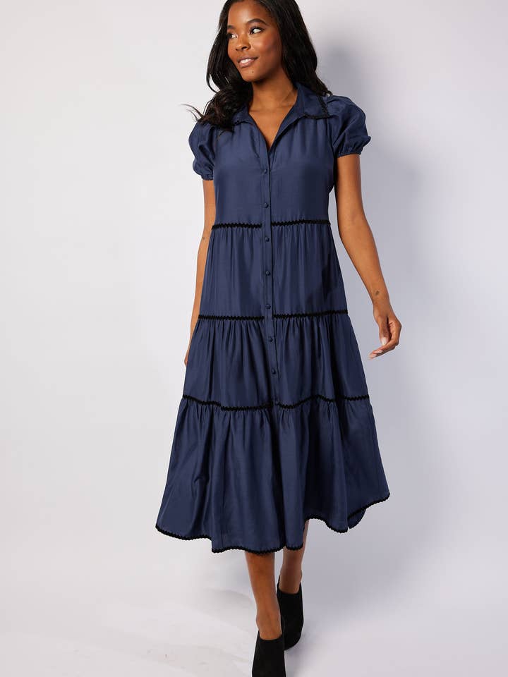 Navy Button Front Shirt Dress with Black Ric-Rac for wholesale on Faire5